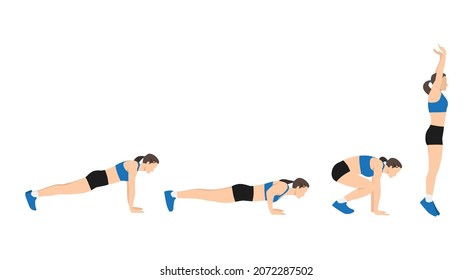 Woman doing Burpee with push up exercise. Flat vector illustration isolated on white background