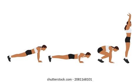 Woman doing Burpee with push up exercise. Flat vector illustration isolated on white background