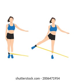 Woman doing Butt. cable standing abduction with long resistance band exercise. Flat vector illustration isolated on white background