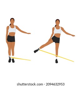 Woman doing Butt. cable standing abduction with long resistance band exercise. Flat vector illustration isolated on white background