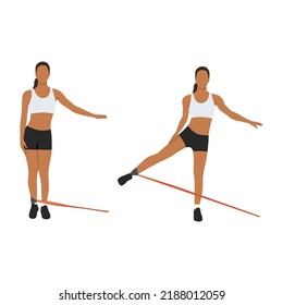 Mujer haciendo Butt. secuestro por cable de pie con ejercicio de banda de resistencia larga. Ilustración vectorial plana aislada en fondo blanco