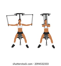 Woman doing Butterflies. pec deck. seated machine flies. exercise. Flat vector illustration isolated on white background