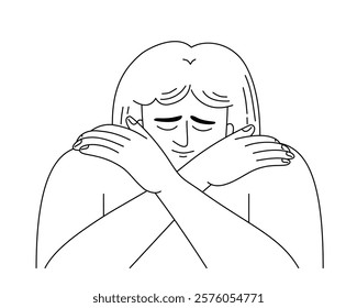 A woman doing the butterfly hug for treat trauma in mental health concept, outline cartoon.