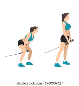 Woman doing cable pull throughs exercise flat vector illustration isolated on white background