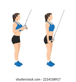 Woman doing cable rope tricep pull down or push exercise. Flat vector illustration isolated on white background