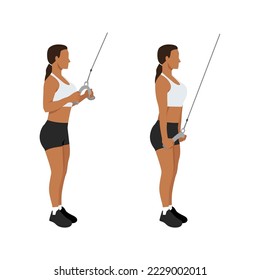 Woman doing cable rope tricep pull down or push exercise. Flat vector illustration isolated on white background