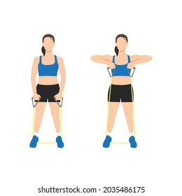 Woman doing Cable upright row with resistance band exercise. Flat vector illustration isolated on white background