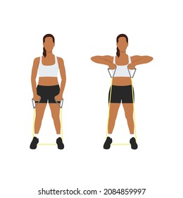 Woman doing Cable upright row with resistance band exercise. Flat vector illustration isolated on white background