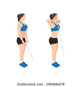 Woman doing Cable upright rows exercise. Flat vector illustration isolated on white background