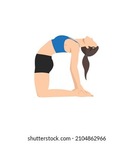 Woman doing camel pose or ustrasana exercise. Flat vector illustration isolated on white background