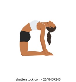 Woman doing camel pose or ustrasana exercise. Flat vector illustration isolated on white background