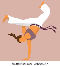 Woman doing capoeira handstand kick. Vector illustration from a jung girl who performing capoeira movement.