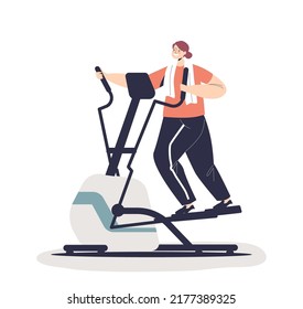 Woman doing cardio exercises running on elliptical machine. Young female workout in gym. Girl fitness training for lose weight and health. Wellness and health. Cartoon flat vector illustration