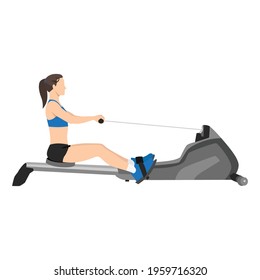 Woman doing cardio. Rowing machine flat vector illustration isolated on white background