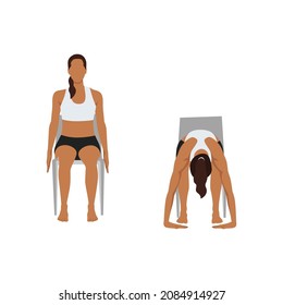 Woman doing Chair forward bend. Uttanasana exercise. Flat vector illustration isolated on white background 