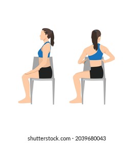 Woman doing Chair spinal twist. ardha matsyendrasana exercise. Flat vector illustration isolated on white background 