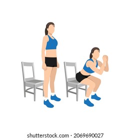 Woman Doing Chair Squat Exercise. Flat Vector Illustration Isolated On White Background