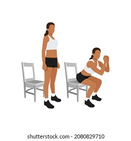 Woman Doing Chair Squat Exercise. Flat Vector Illustration Isolated On White Background