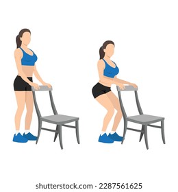 Frauen, die eine Chair-Squat-Bewegung machen. Teiler oder halber Platz mit Stuhl für Sportler. Flache Vektorgrafik einzeln auf weißem Hintergrund