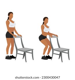 Woman doing Chair squat exercise. Partial or half squat with chair for athlete. Flat vector illustration isolated on white background