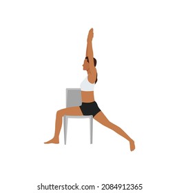 Woman doing Chair warrior I. Virabhadrasana exercise. Flat vector illustration isolated on white background 