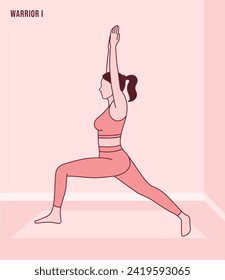 Mujer haciendo la Presidencia guerrera I. Ejercicio de Virabhadrasana. Ilustración vectorial plana