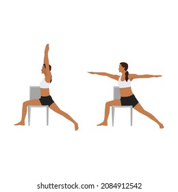 Woman doing Chair warrior II. Virabhadrasana exercise. Flat vector illustration isolated on white background 