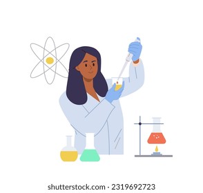 Woman doing chemical experiment with laboratory equipment testing samples making scientific research