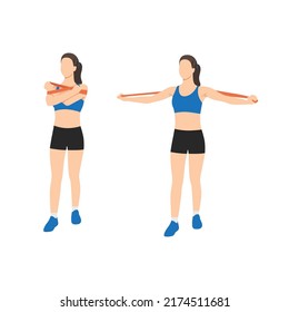 Woman Doing Chest Crossover With Long Resistance Band Exercise. Flat Vector Illustration Isolated On White Background