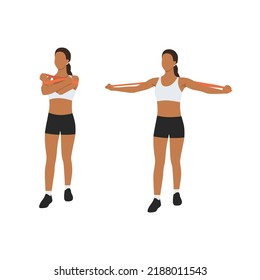 Woman Doing Chest Crossover With Long Resistance Band Exercise. Flat Vector Illustration Isolated On White Background