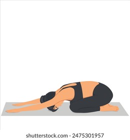 Woman doing Child's pose stretch exercise. Yogi girl performing physical activity isolated on light background. Flat vector illustration.