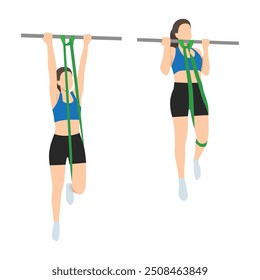 Woman doing chin up assistance with resistance band exercise. Flat vector illustration isolated on white background