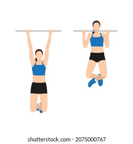 Frauen machen Chin-up-Übung. Flache Vektorgrafik einzeln auf weißem Hintergrund. Zeichensatz für Workout