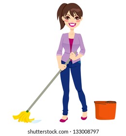 Woman doing chores cleaning the floor with mop and mop bucket