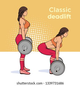 Woman Doing Classic Deadlift With Barbell, Vector Image