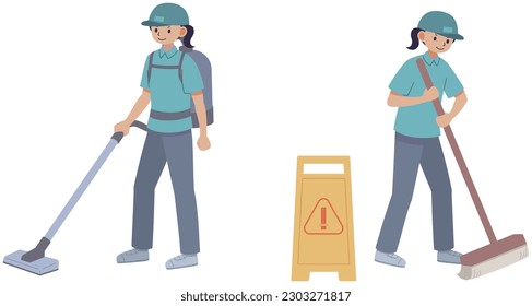 Woman doing a cleaning job with a vacuum cleaner and mop.