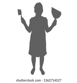 The woman doing the cleaning. Silhouette standing girl holding a brush and a scoop.