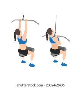 Woman doing Close grip lat pulldowns. pullovers exercise. Flat vector illustration isolated on white background