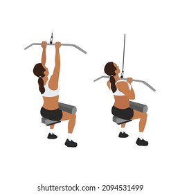 Woman doing Close grip lat pulldowns. pullovers exercise. Flat vector illustration isolated on white background