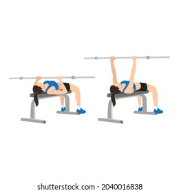 Woman doing Close grip overhand barbell bench press exercise. Flat vector illustration isolated on white background