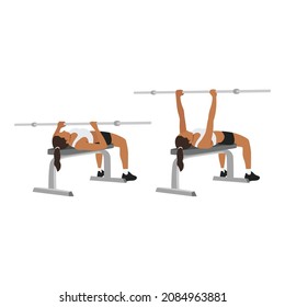 Woman doing Close grip overhand barbell bench press exercise. Flat vector illustration isolated on white background