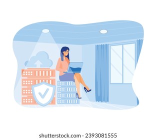 Woman doing cloud computing concept, data center. flat vector modern illustration 