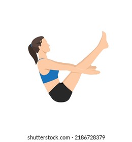 Woman doing Complete Boat Pose, Naukasana, Navasana. Beautiful girl practice Paripurna Navasana. Flat vector illustration isolated on white background