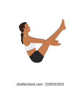 Woman doing Complete Boat Pose, Naukasana, Navasana. Beautiful girl practice Paripurna Navasana. Flat vector illustration isolated on white background