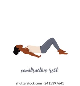 Frau, die konstruktive Ruhe Pose macht, Savasana Variation Bent Legs, Corpse Pose Variation Bent Legs. Flache Vektorgrafik einzeln auf weißem Hintergrund