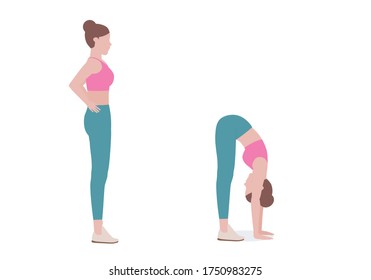 Woman doing cool down after exercises. for doing Standing Forward Bend which it is regarded a stress-relieving pose. Traditionally, it is said to help relieve insomnia. Illustration cartoon style