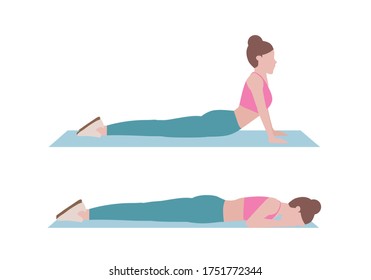 Woman doing cool down after exercises. for doing Abs Stretch which Building greater flexibility overall, Helping your body get back to its pre-exercise state. Illustration cartoon style
