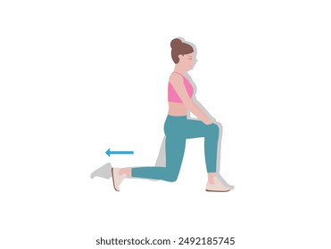 Woman doing cool down after exercises.  Step by step instruction for doing Hip Flexor Stretch will stretching them is the ONLY way to relax these muscles and relieve the pain.Fitness and health.