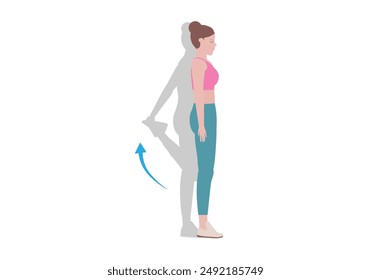 Woman doing cool down after exercises.for doing Standing Quadricep Stretch. Balance pose, flexibility improvement. Isolated vector illustration in cartoon style. Fitness and health.