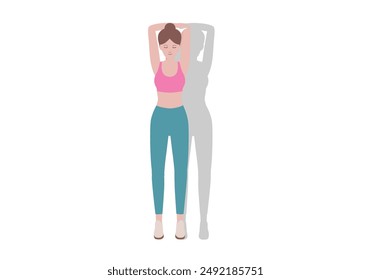 Woman doing cool down after exercises. for doing Triceps Stretch which Building greater flexibility overall, Helping your body get back to its pre-exercise state. Illustration cartoon style.